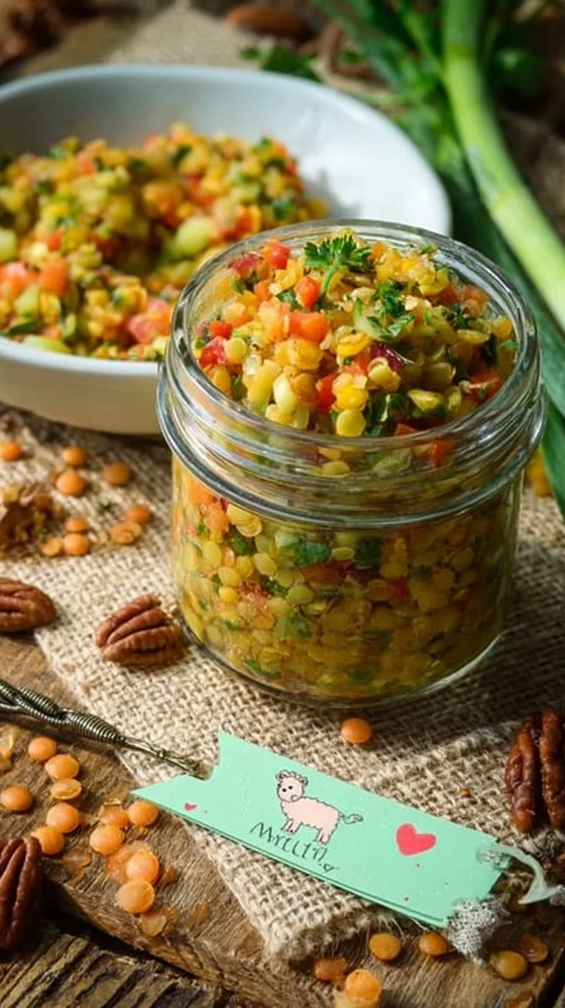 Roter Linsensalat mit Paprika, Gurke und Apfel in einer Schüssel
