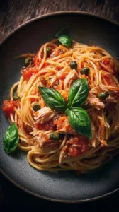 Schüssel mit Spaghetti Thunfisch, garniert mit frischen Kräutern