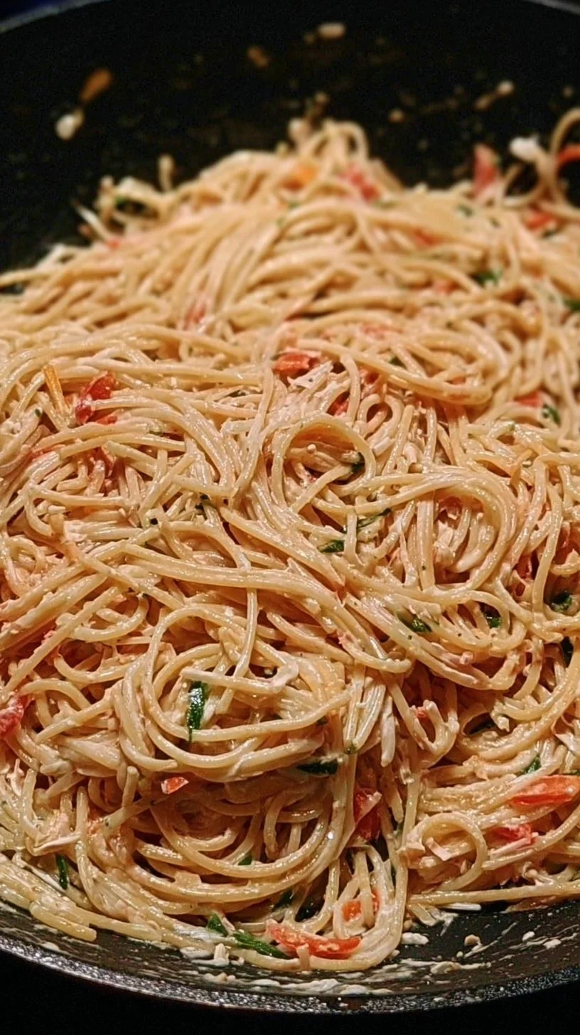 Spaghetti mit cremiger Thunfischsauce aus Frischkäse auf einem Teller