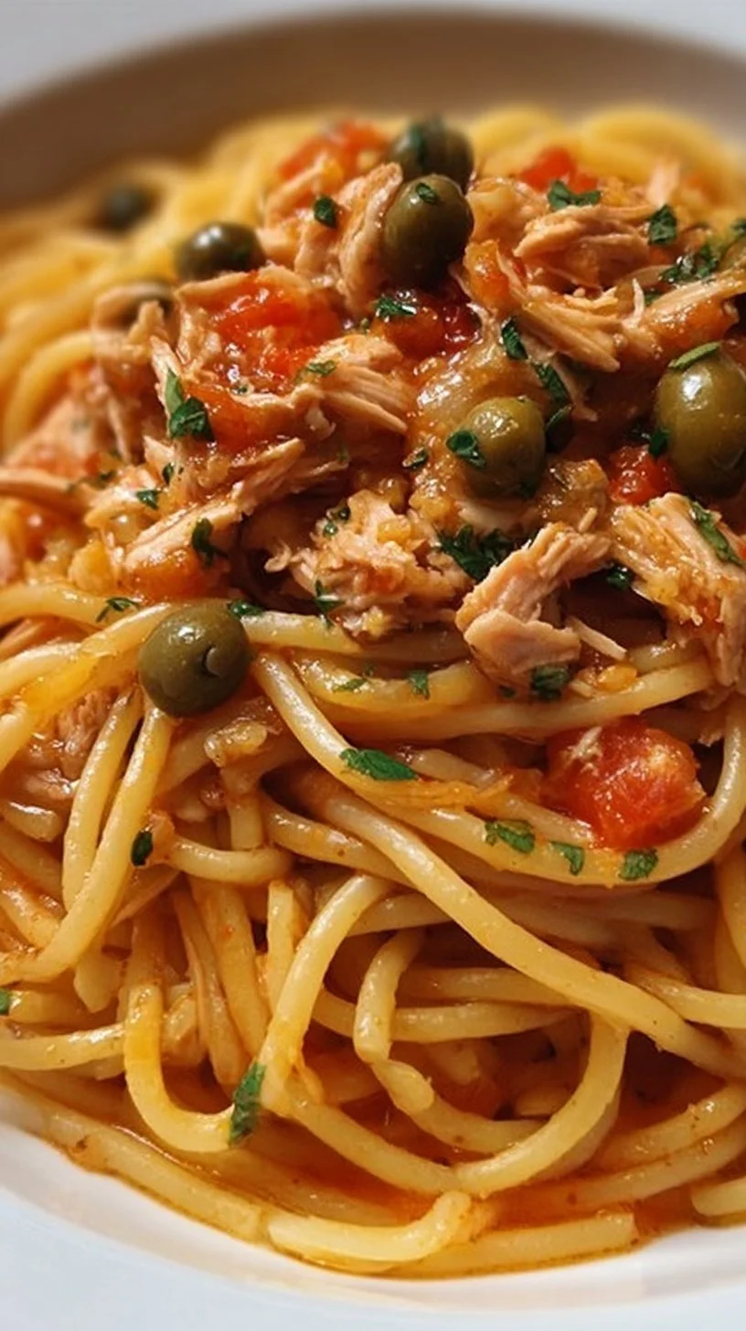 Spaghetti mit Thunfisch und Zitronensauce serviert in einem weißen Teller