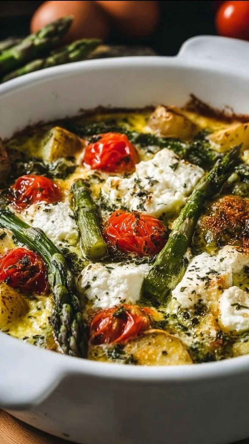 Spargel-Feta-Auflauf mit Kartoffeln und Tomaten