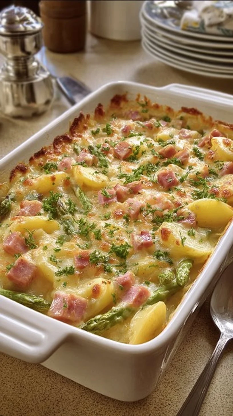 Spargelauflauf mit Kartoffeln und Schinken auf einem Servierteller