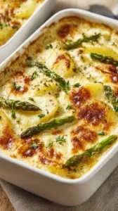Spargelauflauf mit Kartoffeln und Schinken frisch aus dem Ofen