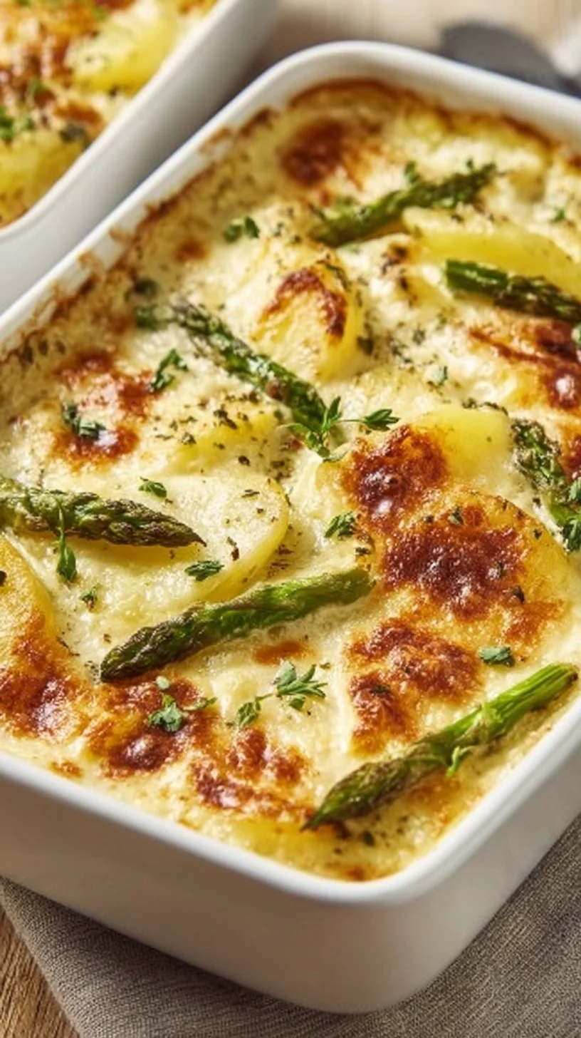 Spargelauflauf mit Kartoffeln und Schinken frisch aus dem Ofen