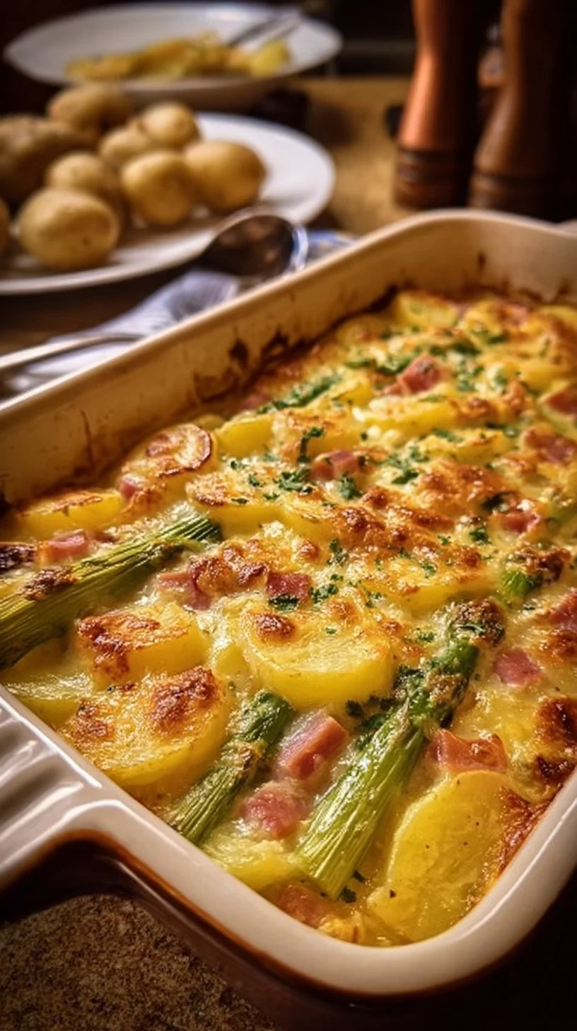 Spargelauflauf mit Kartoffeln und Schinken
