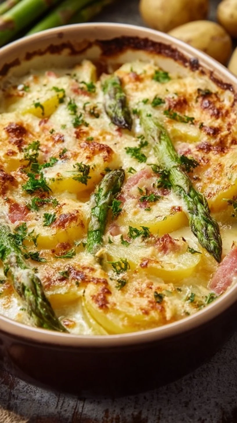 Spargelauflauf mit Kartoffeln und Schinken