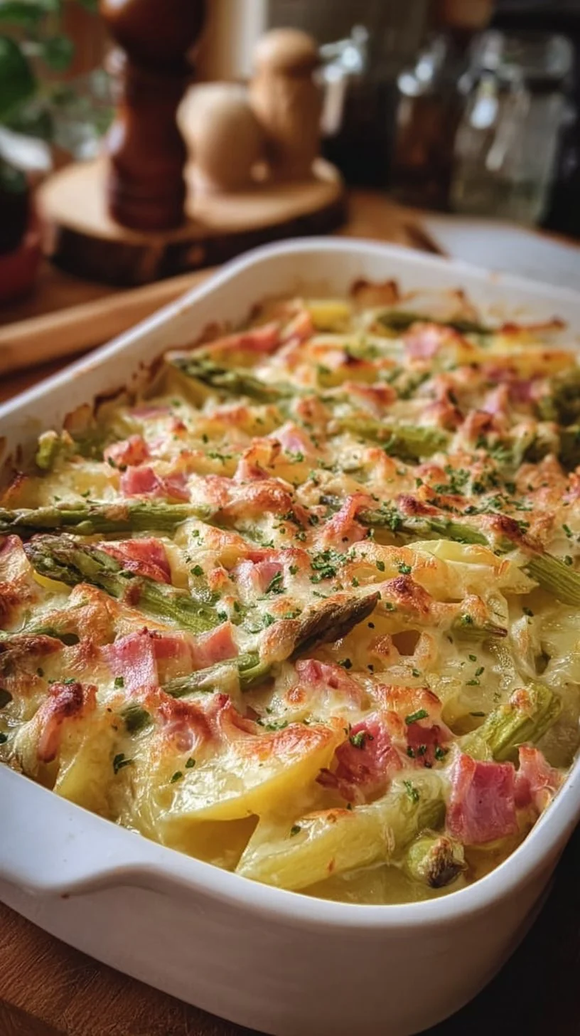 Spargelauflauf mit Kartoffeln und Schinken