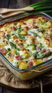 Spargelauflauf mit Schinken und Kartoffeln aus dem Ofen