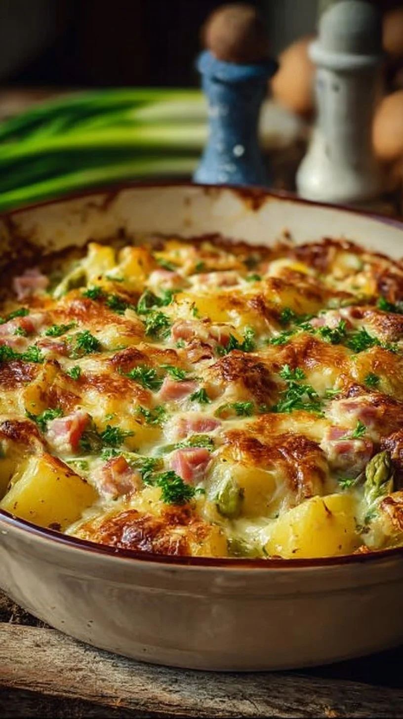 Spargelauflauf mit Schinken und Kartoffeln