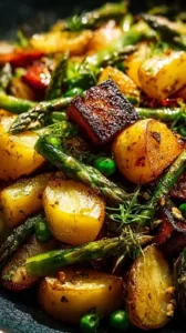 Leckere Spargelpfanne mit Kartoffeln in einer bunten Pfanne zubereitet.