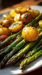Spargelpfanne mit Kartoffeln und Knoblauch auf einem Teller serviert