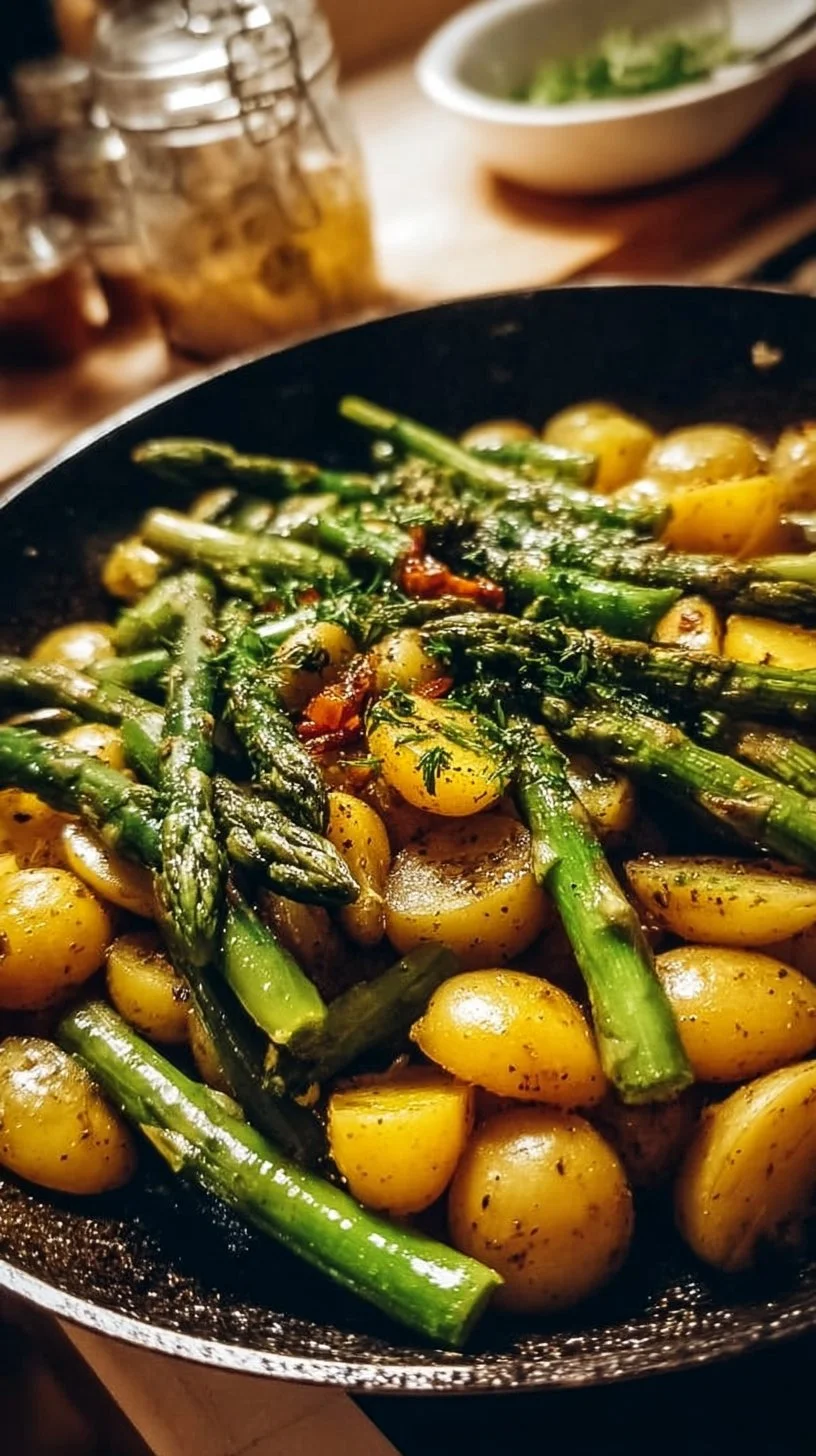 Spargelpfanne mit Kartoffeln und Knoblauch