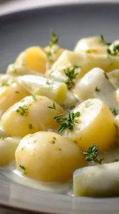 Spargelragout mit Kartoffeln auf dem Teller serviert