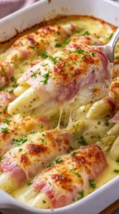 Überbackene Spargel-Schinken-Röllchen mit Käse auf einem Teller
