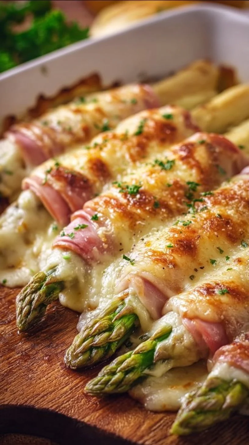 Überbackene Spargel-Schinken-Röllchen mit Käse