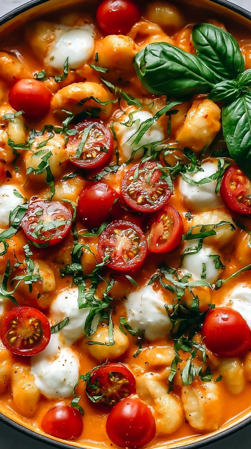 Cremige Tomaten-Gnocchi mit Burrata in einem Teller serviert