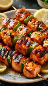 Aromatische Lachs-Spieße mit Zitrone auf einem Grill