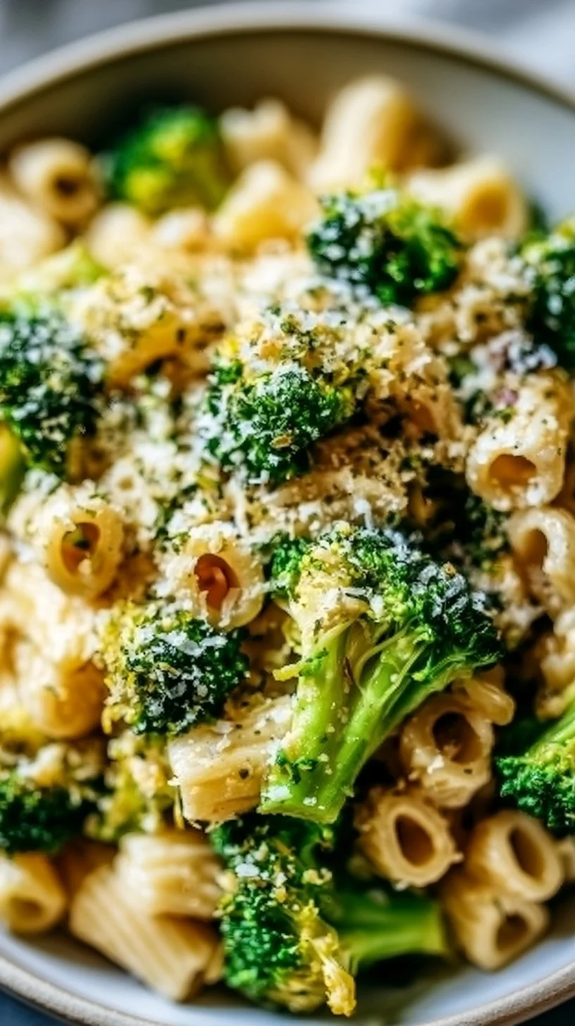 Brokkoli-Kichererbsennudeln mit Knoblauch-Olivenöl auf einem Teller serviert