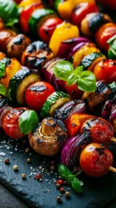 Bunte Gemüsespieße auf dem Grill mit frischem Gemüse und Gewürzen
