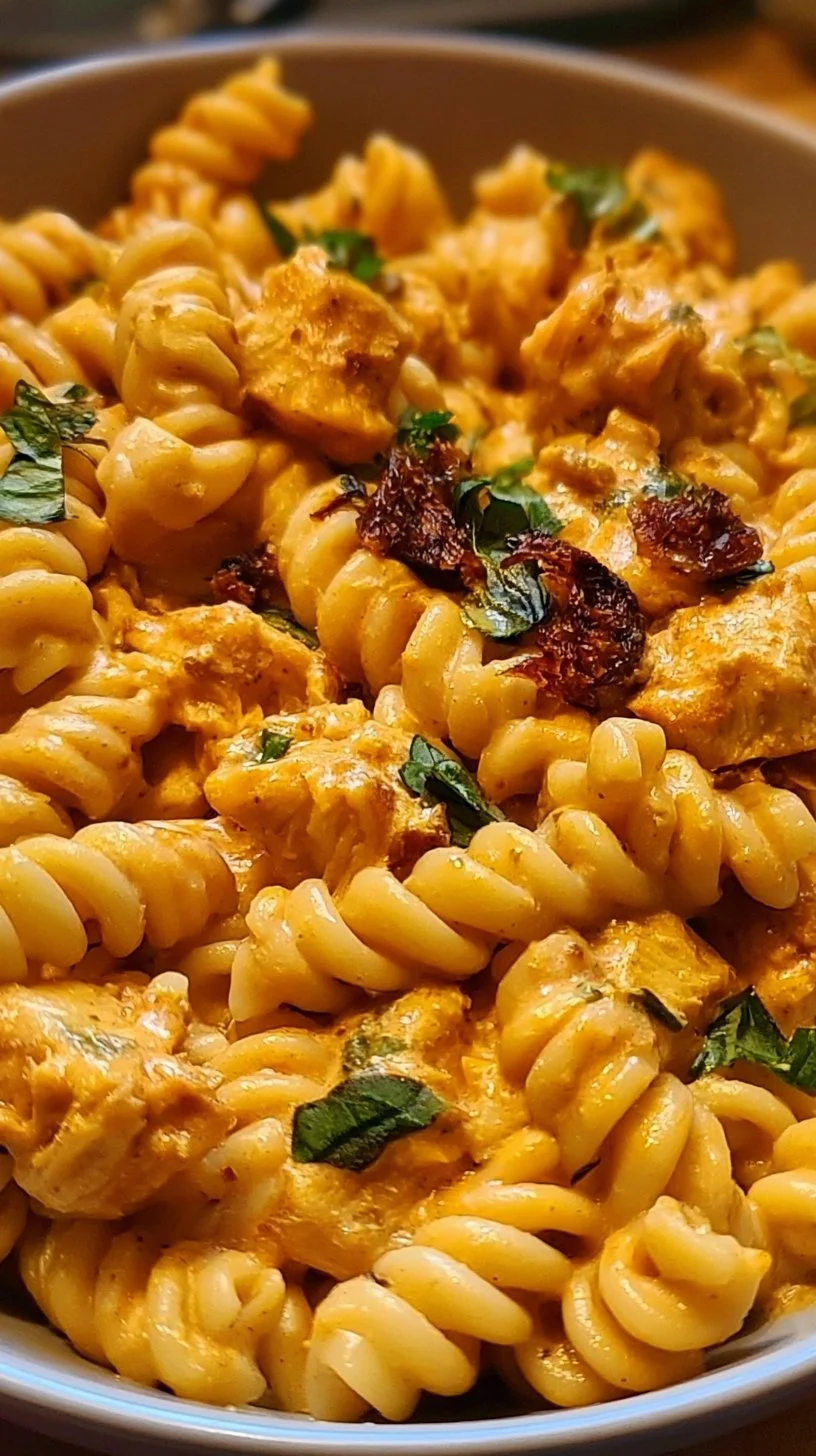 Cremige Hühnchen-Feta-Pasta auf einem Teller garniert mit frischen Kräutern