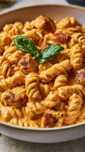 Cremige Hühnchen-Feta-Pasta auf einem Teller serviert