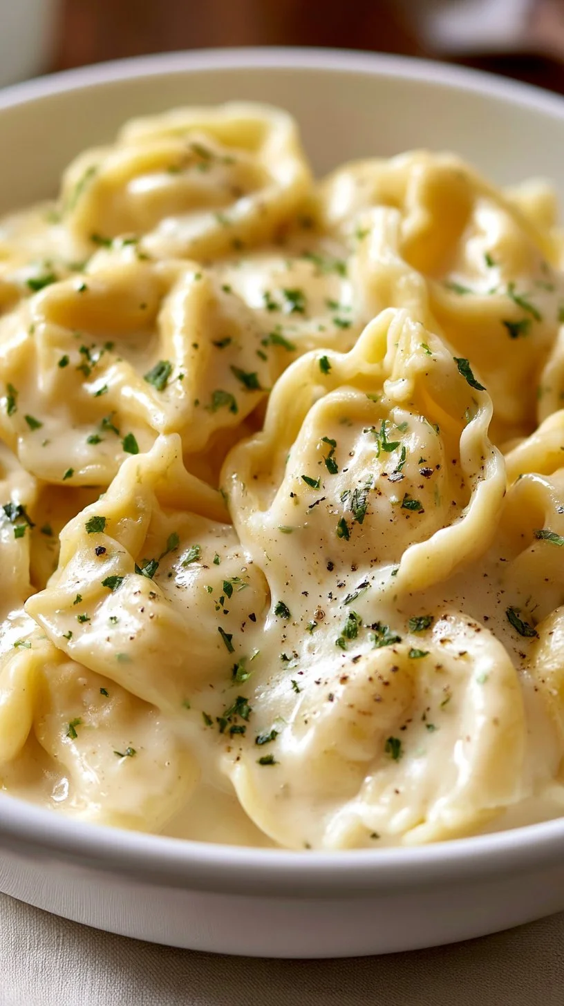 Cremige Knoblauch-Parmesan Tortellini auf einem Teller serviert