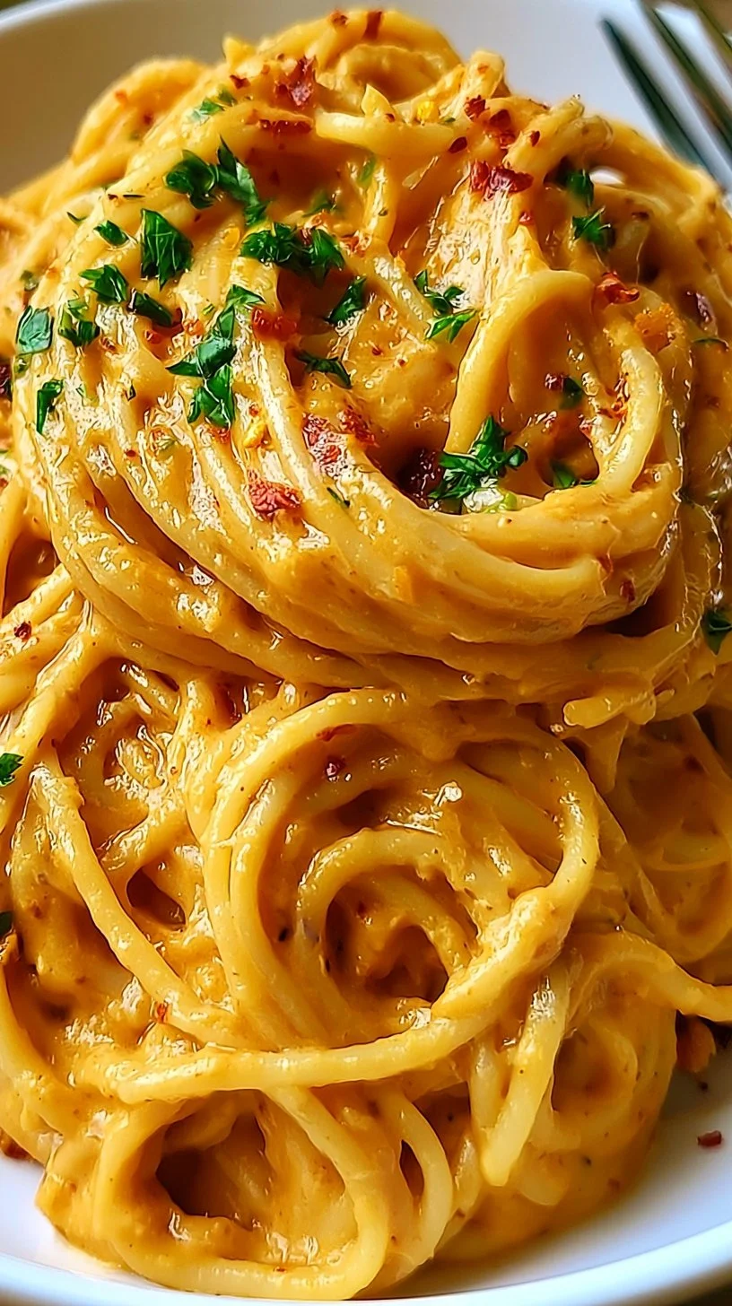 Cremige vegane karamellisierte Zwiebel-Pasta auf einem Teller serviert.