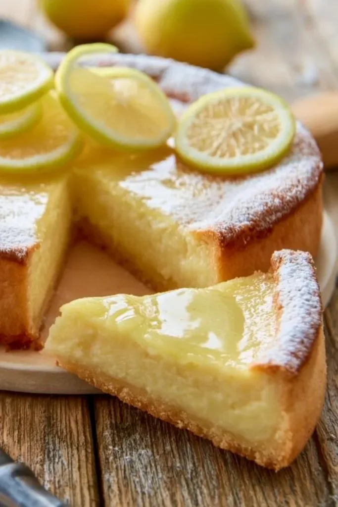 Cremiger Zitronenkuchen auf einem Teller, dekoriert mit Zitronenscheiben.