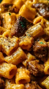 Cremiges Parmesan-Rindfleisch mit Rigatoni auf einem Teller serviert.