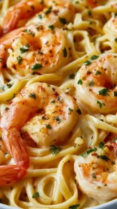 Teller mit köstlichen Spaghetti mit Garnelen in cremiger Frischkäse-Sauce