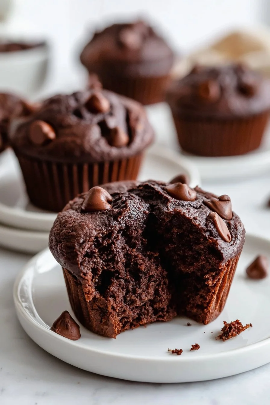 Gesunde Schokoladenmuffins auf einem weißen Teller mit Schokoladensplittern.
