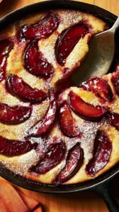 Französischer Pflaumenkuchen mit frischen Pflaumen auf einem Blech