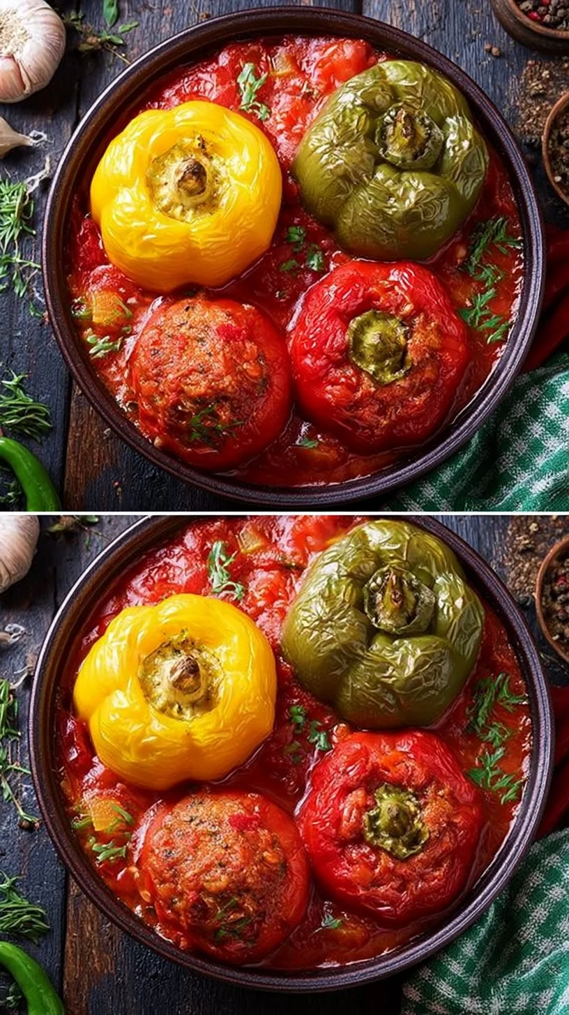 Köstliche gefüllte Paprika aus dem Ofen, serviert auf einem weißen Teller.