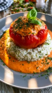 Gefüllte Paprika mit Reis und Hackfleisch auf einem Teller serviert