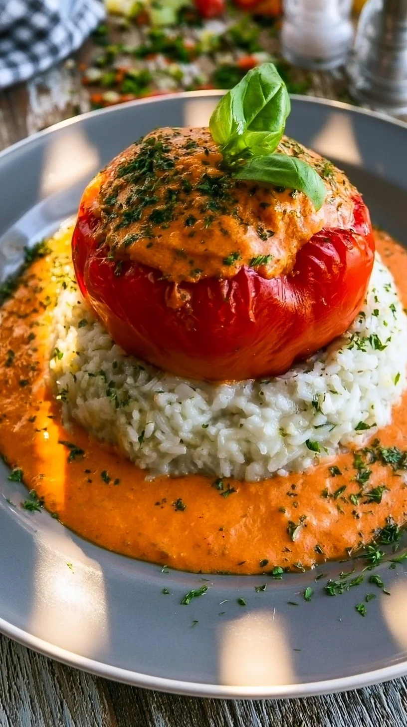 Gefüllte Paprika mit Reis und Hackfleisch auf einem Teller serviert