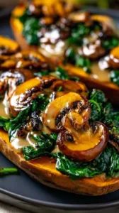 Gefüllte Süßkartoffeln mit Champignons und Spinat auf einem Teller