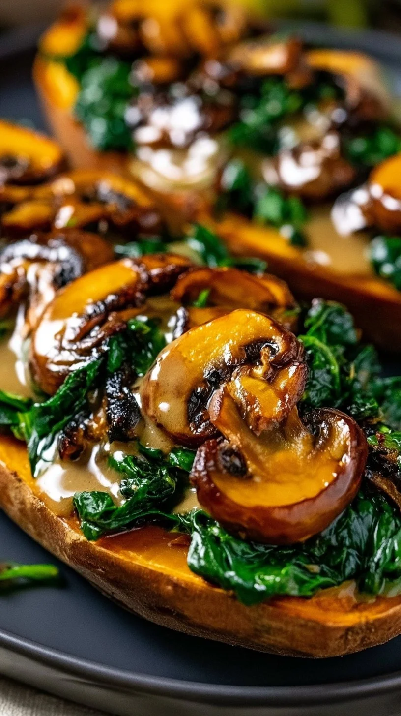Gefüllte Süßkartoffeln mit Champignons und Spinat auf einem Teller