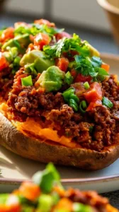Gefüllte Süßkartoffeln mit würzigem Taco-Rinderhackfleisch auf einem Teller