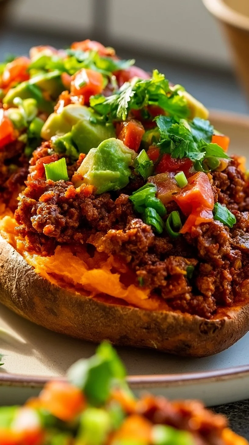 Gefüllte Süßkartoffeln mit würzigem Taco-Rinderhackfleisch auf einem Teller