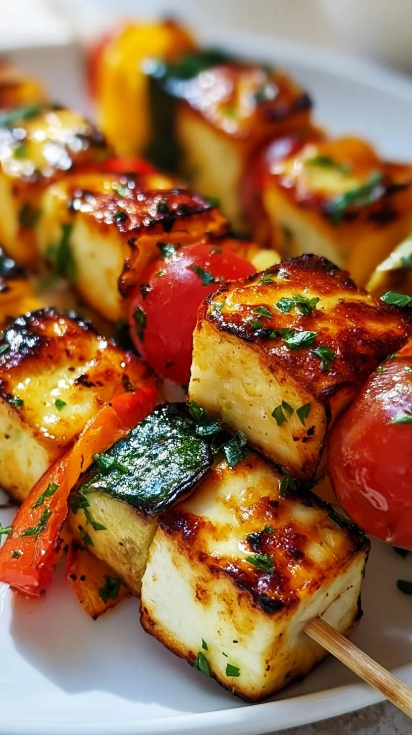 Leckere Halloumi Gemüse Spieße auf einem Grill