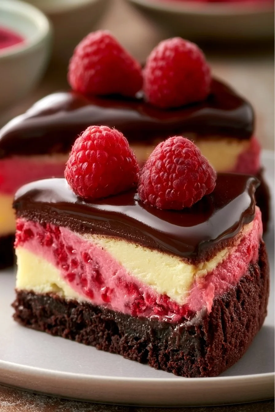 Himbeer-Brownie-Käsekuchen mit frischen Himbeeren und Schokoladenbrownies.