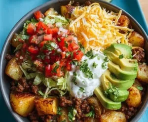 Kartoffel Taco Schüssel mit frischen Zutaten und Gewürzen zubereitet