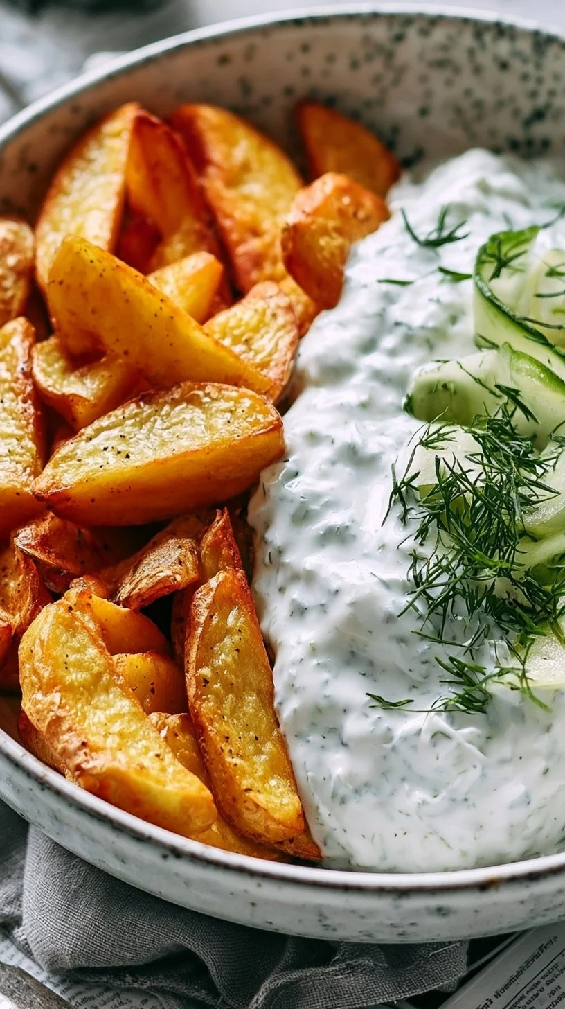 Kartoffelspalten mit Gurkendip