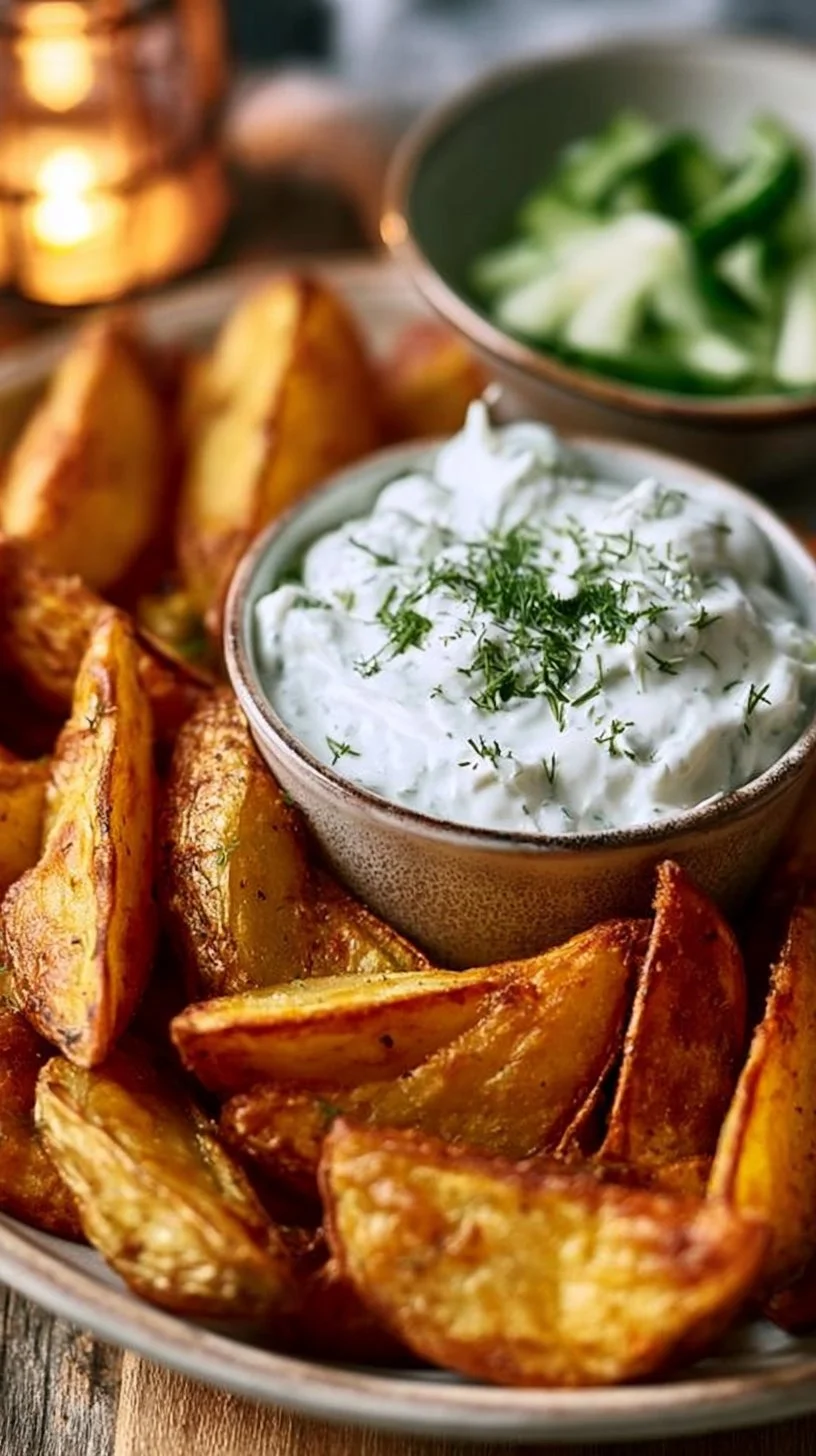 Kartoffelspalten mit Gurkendip