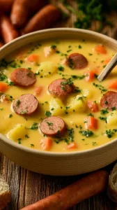Kartoffelsuppe mit Würstchen in einer Schüssel serviert
