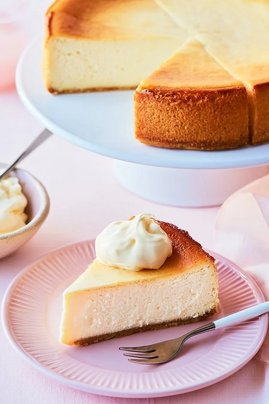 Klassischer Käsekuchen mit frischer Käsefüllung auf einem Keksboden