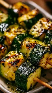 Knoblauch-Butter-Zucchini-Spieße auf einem Grillrost