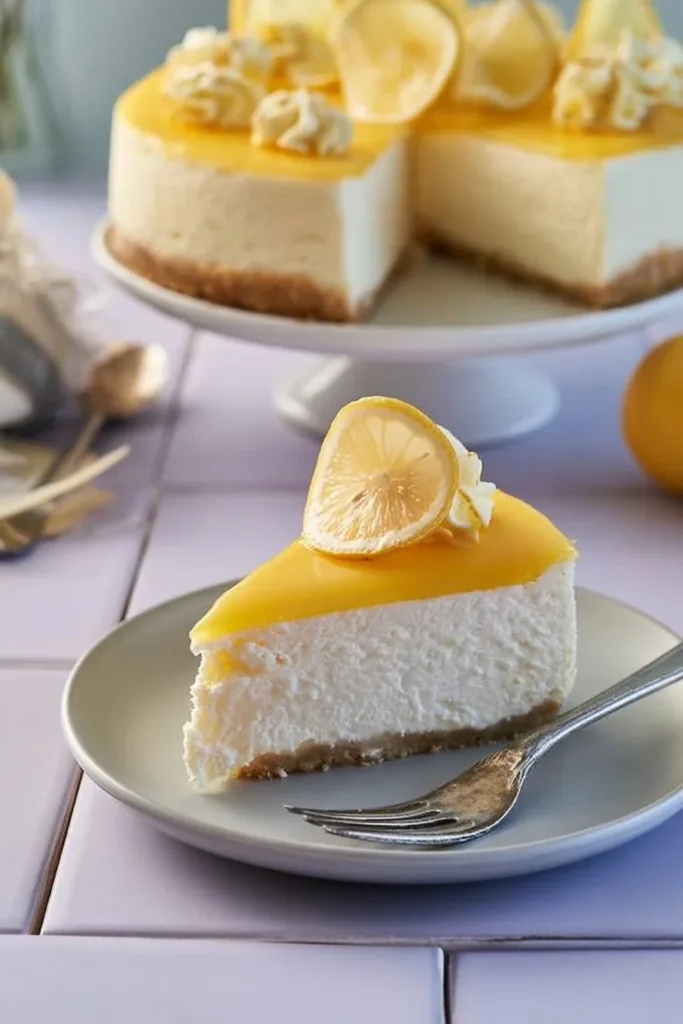No-Bake Buttermilch Käsekuchen mit Zitrone auf einem weißen Teller