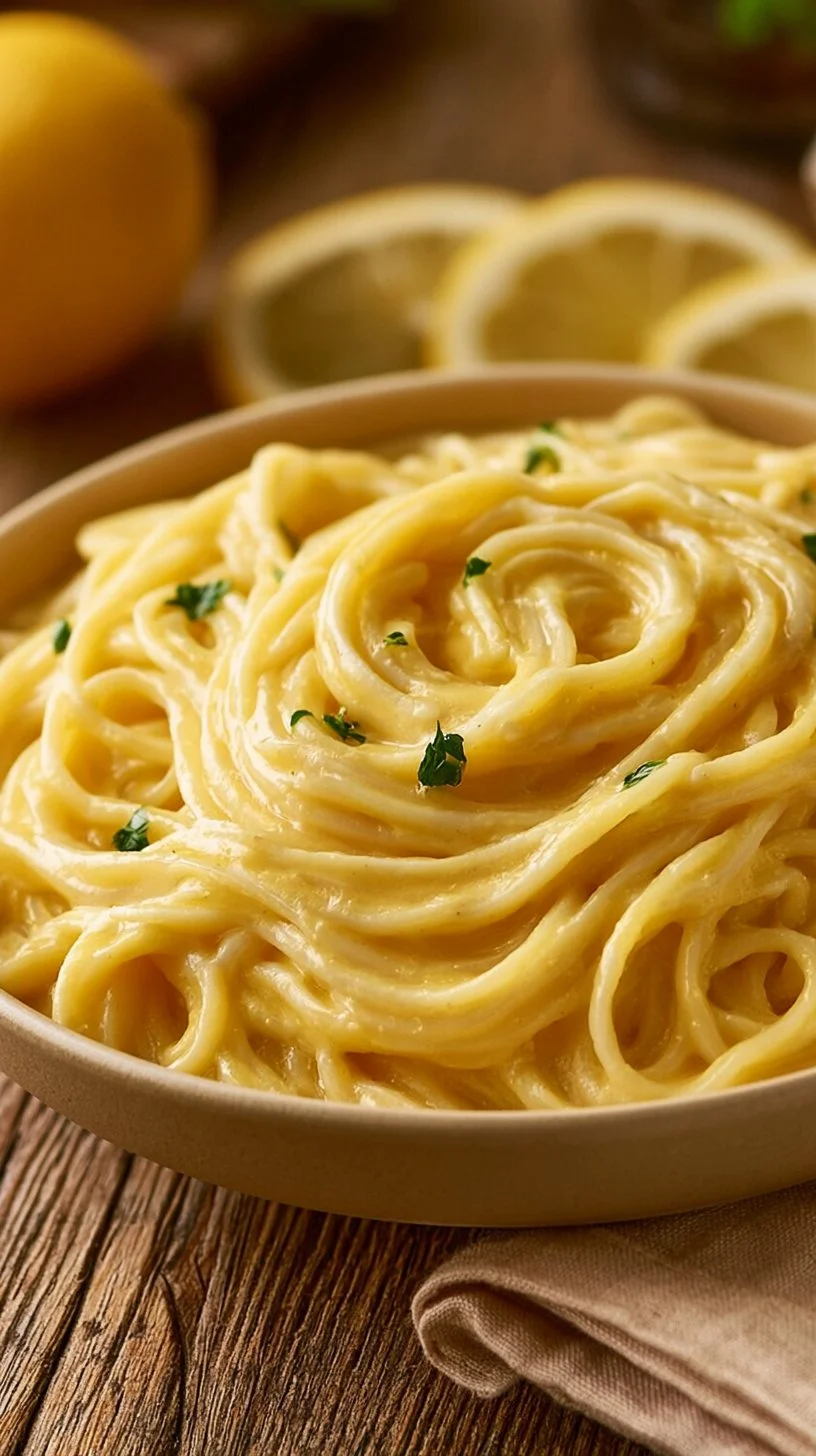 Pasta mit Zitronen-Sahne-Soße serviert auf einem Teller.