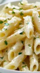 Teller mit Pasta und Käsesauce, perfekt für ein leckeres Abendessen.